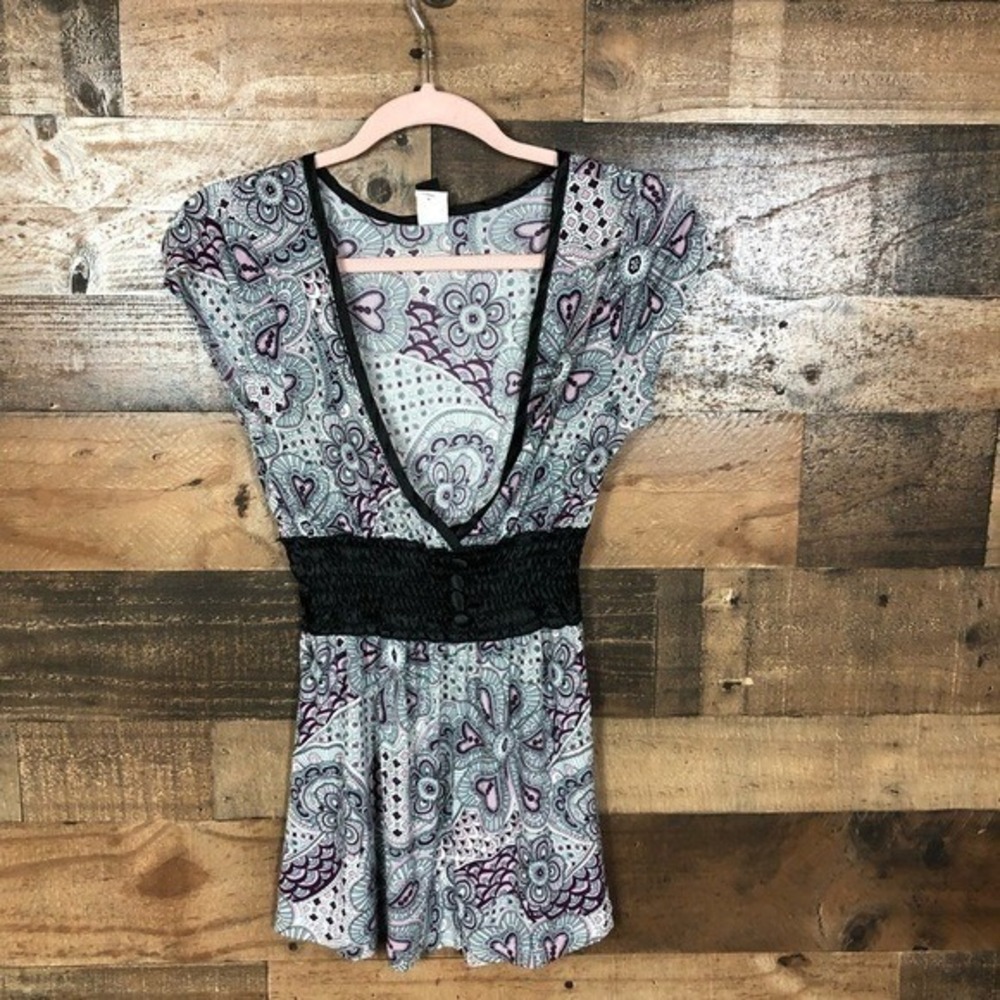 Windsor Womens Paisley Floral Smocked Empire‎ Waist Tunic Top Purple Teal Medium